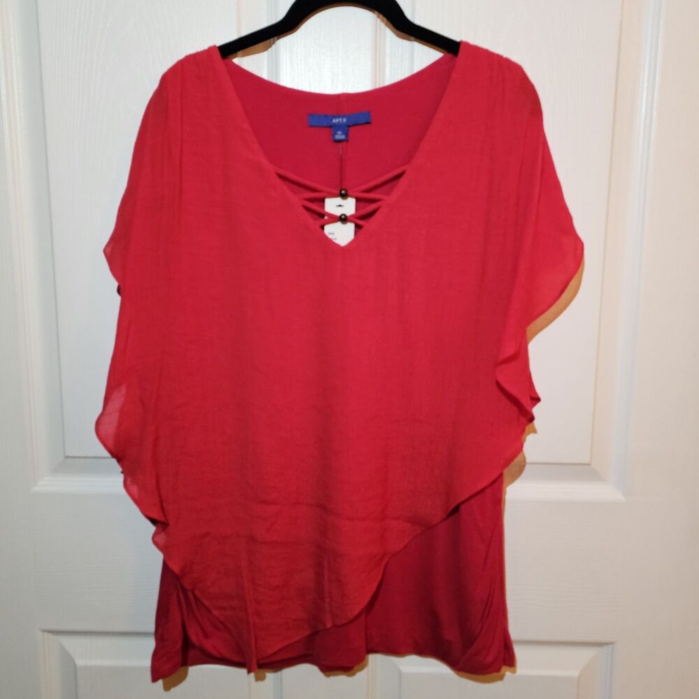 NWT Apt. 9 Red Asymmetrical Lagenlook Split Sleeve Layered Blouse XL
